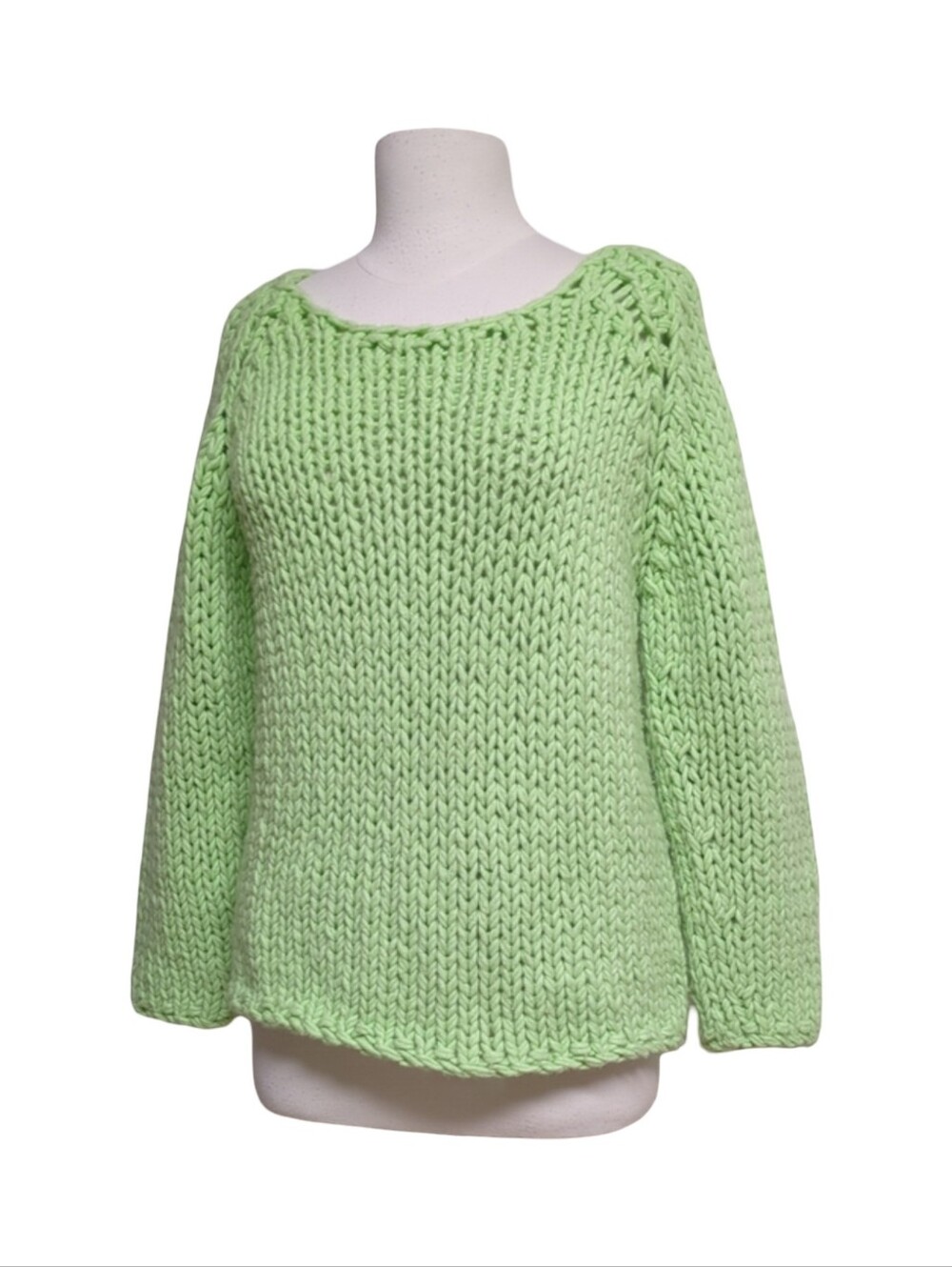 Charlotte Eskildsen Designer Chunky Knit Mint Boatneck Raglan Sleeve Sweater